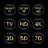 Goldener TV-Icon-Set. TV-Etiketten TV HD 3D 5D 7D Smart TV Full HD 4k Ultra HD vektor