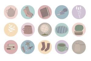 Reihe von runden Symbolen für Social-Media-Geschichten. abstrakte verschiedene Highlight-Cover mit gemütlichen, süßen und häuslichen Objekten im Boho-Stil. vektor