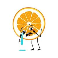 orange karaktär med gråt och tårar känslor, ledsen ansikte, depressiva ögon, armar och ben. citrus skiva person med melankoliskt uttryck, frukt uttryckssymbol. vektor