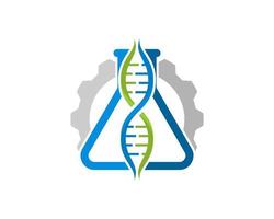 Dreieck Flaschenlabor mit DNA-Symbol und Zahnrad vektor