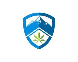 Schild mit Berg und grünem Cannabisblatt vektor