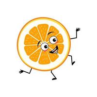 orangefarbener Charakter mit glücklichen Emotionen, Gesicht, Lächeln, Augen, Armen und Beinen. Zitrusscheiben-Person mit freudigem Ausdruck, Frucht-Emoticon vektor