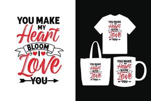 Du bringst mein Herz zum Blühen Ich liebe dich Typografie Valentinstag T-Shirt Design vektor