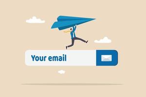 E-Mail-Abonnement zum Senden von Newslettern für Werbe- und Produktaktualisierungen, Online-Kommunikations- und Marketingkonzept, Geschäftsmann, der Origami-Papierflugzeug auf dem E-Mail-Anmeldeformular auf der Website auf den Markt bringt. vektor