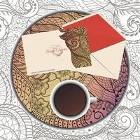 etnisk abstrakt linjekonst med en kopp kaffe och brevpapper vektor