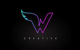 Neon w Letter Logo Icon Design mit kreativem Flügel in blau-violetten Magenta-Farben vektor