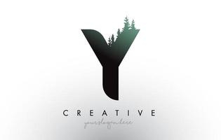 Kreative Y-Brief-Logo-Idee mit Kiefernwäldern. Buchstabe y Design mit Kiefer oben vektor