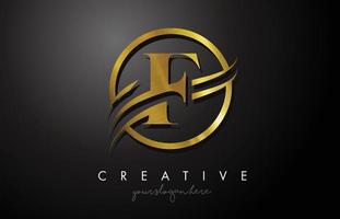 f goldenes Buchstaben-Logo-Design mit Kreis-Swoosh und goldener Metallstruktur vektor