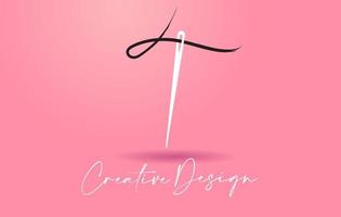 t-Brief-Logo mit Nadel und Faden kreativer Design-Konzeptvektor vektor