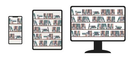 Stapel Bücher in Regalen in der Online-Bibliothek auf Telefon, Tablet und Desktop. Elementsatz für die Illustration der digitalen Buchhandlung. Ablage für Dokumente und Hochschulliteratur in der Anwendung.