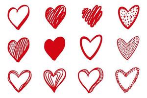 Vektor handgezeichnete Valentinstag Herzen isoliert auf weißem Hintergrund. dekorative Doodle Liebe Herzform Skizze Stil. kritzeln Sie Tintenherzen-Symbol für Hochzeitsdesign, Verpackung, verzierte und Grußkarten