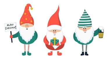 Cartoon-Weihnachtszwerge. Kobold mit Laterne, Geschenk und Zeichen. flache Vektorillustration vektor