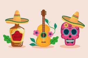 mexikansk tequilaflaska skalle med hatt och gitarr vektordesign vektor