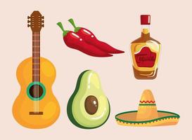 mexikansk tequila flaska hatt avokado gitarr och chillis vektor design