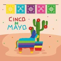 mexikansk pinata och kaktus med blommor av cinco de mayo vektordesign vektor