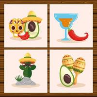 mexikanischer Totenkopfhut Avocado Chili Cocktail Kaktus und Maracas Vektordesign vektor