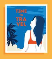 tidsresor affisch med kvinna och träd palmer vektor