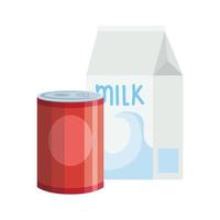 mat i burk med låda mjölk isolerade ikon vektor