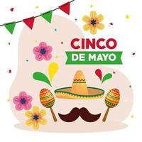 mexikanischer Hut Schnurrbart und Maracas von Cinco de Mayo Vektordesign vektor