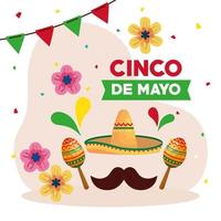 mexikansk hattmustasch och maracas av cinco de mayo vektordesign vektor