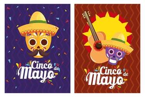 mexikanische Schädel mit Hüten und Gitarre von Cinco de Mayo-Vektordesign vektor