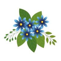 süße Blumen blaue Farbe mit Zweigen und Blättern vektor