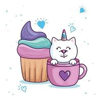 söt katt enhörning fantasi i kopp med muffin vektor