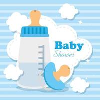 Babypartykarte mit Flaschenmilch und Symbolen vektor