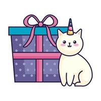 söt katt enhörning med presentförpackning ikon vektor