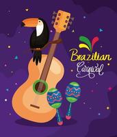 Plakat des brasilianischen Karnevals mit Gitarre und traditionellen Symbolen vektor