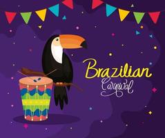 Plakat des brasilianischen Karnevals mit Tukan und Trommel vektor