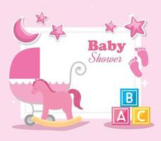baby shower kort med trä häst och ikoner vektor