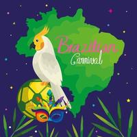 Plakat des brasilianischen Karnevals mit Papagei und traditionellen Ikonen vektor
