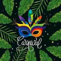 Karnevalsplakat Brasilien mit Maske und tropischen Blättern vektor