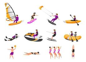 extrem vattensport platt vektorillustrationer set. surfing, kanot, kajakpaddling. dykning. vattenskidåkare. synkronsimidrottare. idrottsmän isolerade seriefigurer vektor