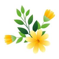 söta blommor gul färg med grenar och blad vektor