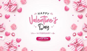 Happy Valentinstag Banner oder Hintergrund mit 3D realistischem rosa Herzen, Geschenkbox, Blasenrede auf Pastell. romantisches Grußkartendesign mit schönen Elementen vektor