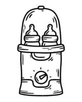 nappflaska sterilisator och varmare för kvinnors mjölk under amning och amning, vektor skiss doodle ikon. moderskap och specialanordningar