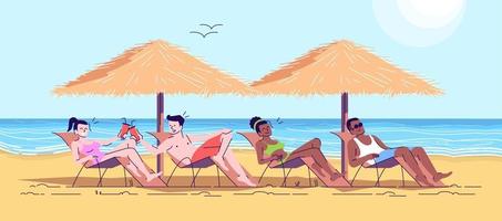 människor på stranden platt doodle illustration. vänner på solstolar med drinkar vid havet. exotiskt land. sommarsemester. indonesien turism 2d seriefigur med kontur för kommersiellt bruk vektor