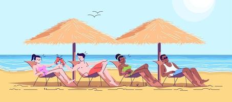 Leute auf der flachen Gekritzelillustration des Strandes. Freunde auf Liegestühlen, die am Meer etwas trinken. exotisches Land. Sommerurlaub. Indonesien Tourismus 2D-Cartoon-Figur mit Umriss für die kommerzielle Nutzung vektor