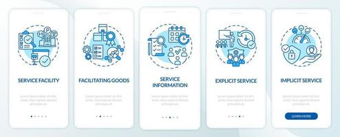 Servicemerkmale blauer Bildschirm für die Onboarding-Seite der mobilen App. Bedienungsmanagement Walkthrough 5 Schritte grafische Anweisungen mit Konzepten. ui, ux, gui-Vektorvorlage mit linearen Farbillustrationen vektor