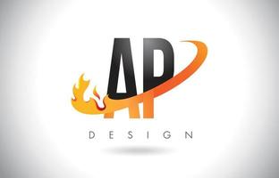 ap ap Buchstabenlogo mit Feuerflammen-Design und orangefarbenem Swoosh. vektor