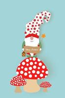 jultomte ovanför en röd svamp. god jul söta skandinaviska nordiska Santa Claus elf, vektor isolerad på blå bakgrund. xmas element för design, inbjudningar, kort, barnleksaker