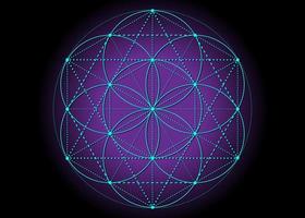 Blume des Lebens, Samen des Lebenssymbols heilige Geometrie, mystisches Mandala der Alchemie esoterisches Zeichen. Vektor blau neon heller Farbeffekt auf lila Hintergrund isoliert