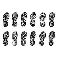 Fußabdrücke menschliche Schuhe Silhouette, Vektor-Set, isoliert auf weißem Hintergrund. Schuhsohlen drucken. Fußabdruckprofil, Stiefel, Turnschuhe. Eindruckssymbol barfuß