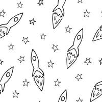 Rakete fliegt zwischen den Sternen nahtlose Muster. handgezeichnetes Gekritzel. minimalismus, monochrom. Tapeten, Textilien, Raumdekoration, Hintergrund für Kinder, für Jungen. Weltraum, Abenteuer einfach naiv kindisch vektor