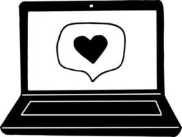 Laptop mit Herz auf dem Bildschirmsymbol, Aufkleber. Skizze handgezeichneten Doodle-Stil. , Minimalismus, Monochrom. Social Media, Netzwerk, Blog, Blogging, Technologie-Elektronik-Kommunikation wie vektor