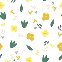 Blumen, Blätter und Doodle Striche nahtlose Muster in Trendfarbe 2021. Handgezeichneter Minimalismus einfach. Tapeten, Textilien, Geschenkpapier. gold, gelb, grün. Kind vektor