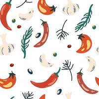 paprika seamless mönster. varm paprika, vitlök och örter bakgrund. hälsosam mat, vegetariskt, marinad. grönsaker. perfekt för design av tapeter, textil, omslagspapper. vektor illustration