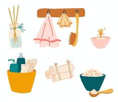 Badeartikel. Kollektion von Badaccessoires. Handtuch, Badesalz, Cremes und Shampoos, Kerzen und Duftstäbchen. Schönheits- und Hautpflegekosmetikprodukte, dekorative Kosmetik. Vektor-Illustration vektor